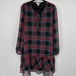 Draper‎ James Plaid Tie Neck Ruffle Hem Long Sleeve Chiffon Dress XXL